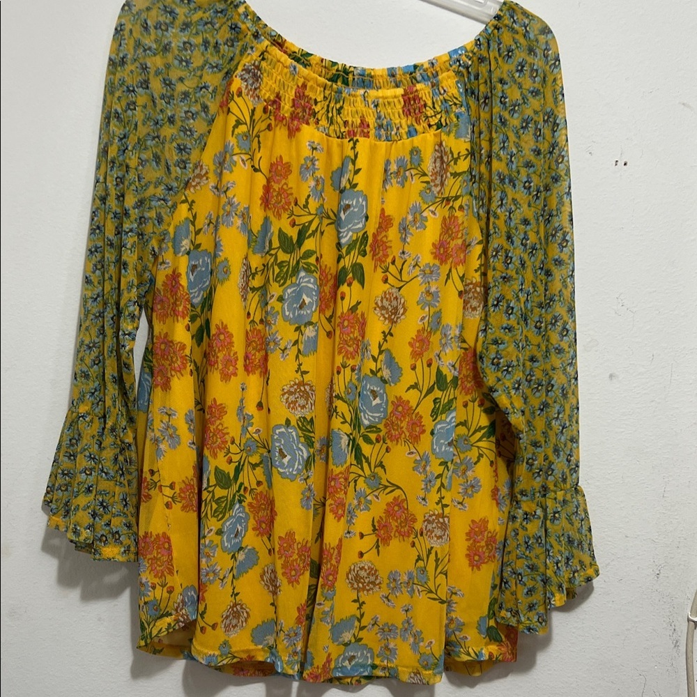 Ava & Grace Yellow Floral Blouse with Blue and Orange Accents